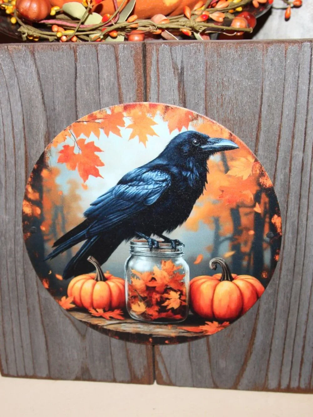 NEW Raven Crow Black Bird Pumpkin Primitive Fall Farmhouse Wall Decor Plaque